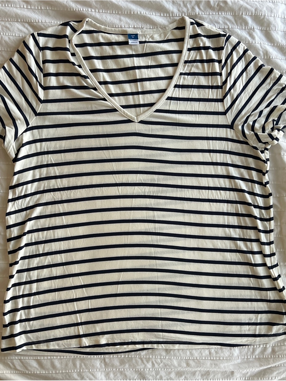 Old Navy Cream and Black Striped V-Neck Short Sleeve Tee